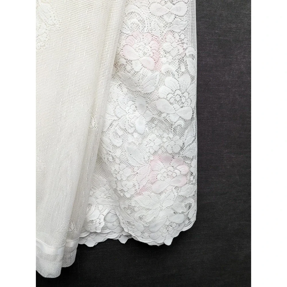 Vintage Lace Curtain Panels White/Pink Roses & 2 Curtain Tiebacks Cottage Core
